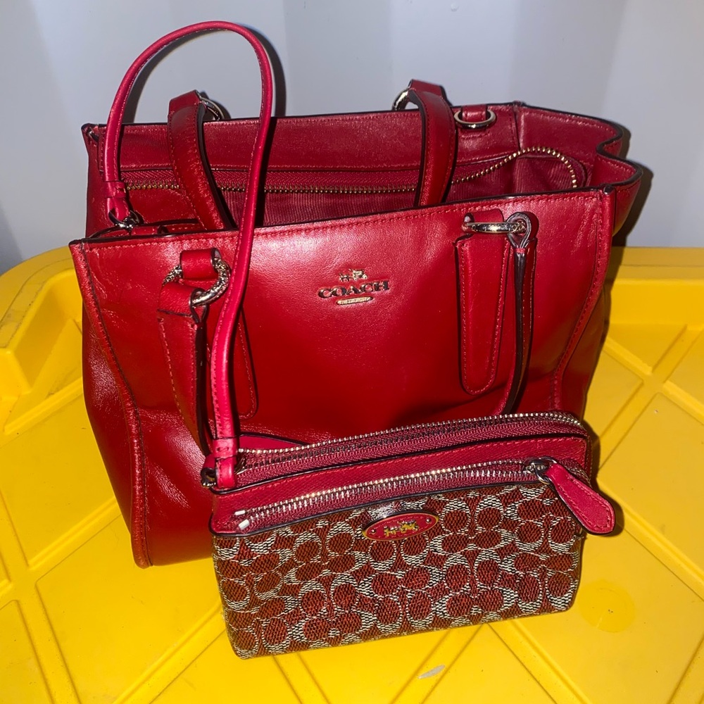 Coach Cherry Red Leather Tote with Signature Wristlet